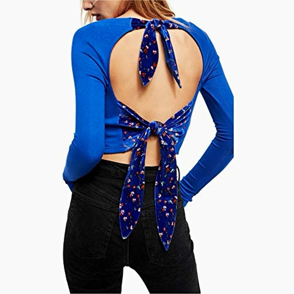 Free People Looking Forward Women S Cobalt Blue Floral Velvet Tie Long Sleeve